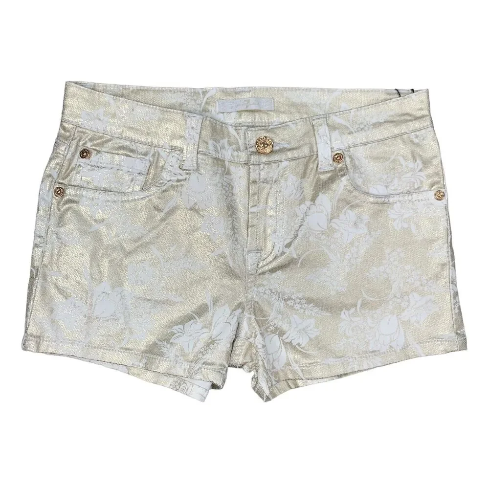 7 For All Mankind Metallic Shorts Girls 12 Gold White Floral Stretch Pockets